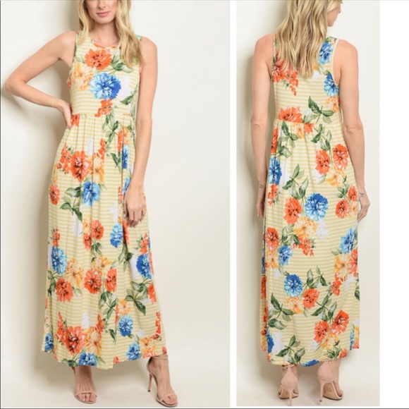 Boho Floral Side Pocket Striped Tank Maxi Dress - Picture 2 of 12